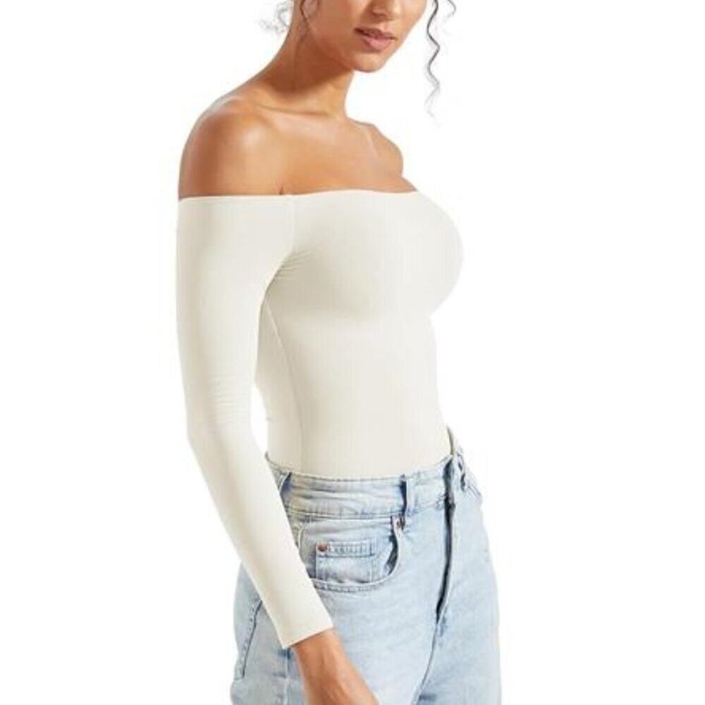 Women Off the Shoulder Long Sleeve White Bodysuit Double Lined Thong Bodysuit - Picture 5 of 9